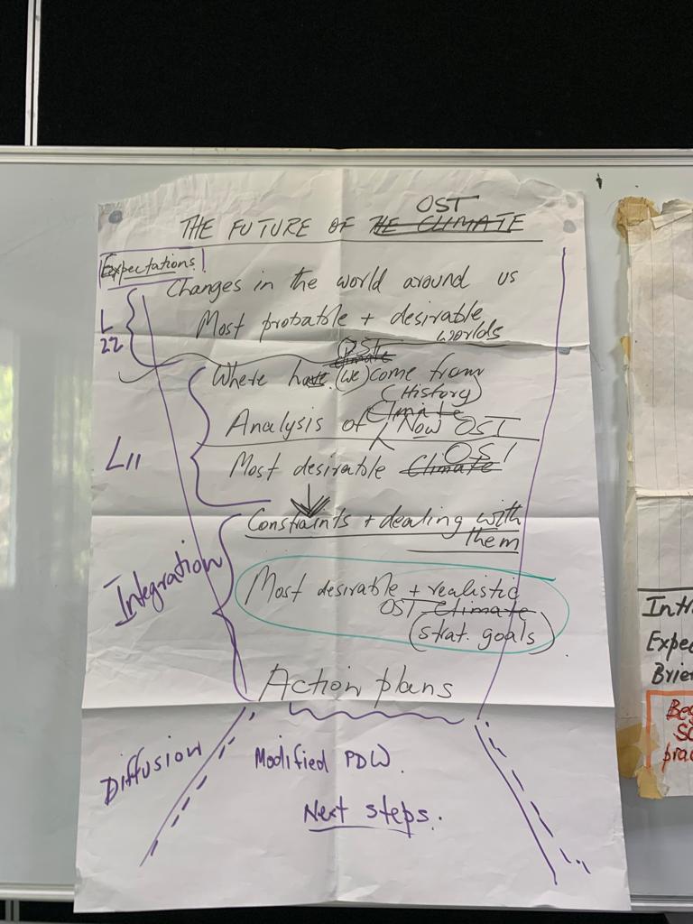 Hand-drawn flipchart from a live Search Conference, mapping the agenda from Expectations through L22, L11, Integration, Action Plans and onward to Diffusion via a Modified PDW.