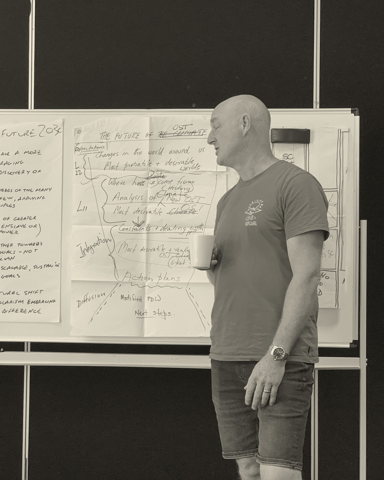 A participant at a Participative Design Workshop reading a flipchart of the Search Conference walkthrough.