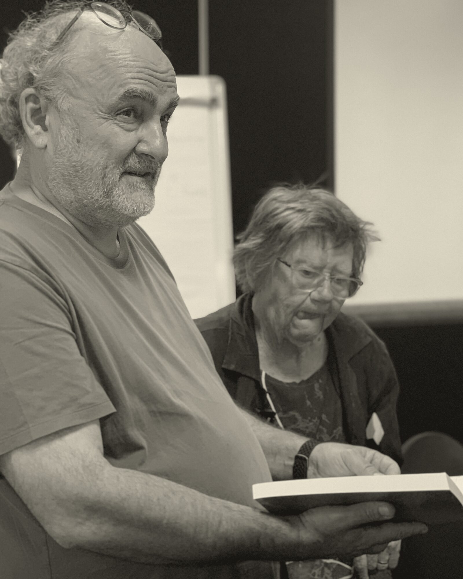 A practitioner holding a book in conversation with Merrelyn Emery during an OST workshop.